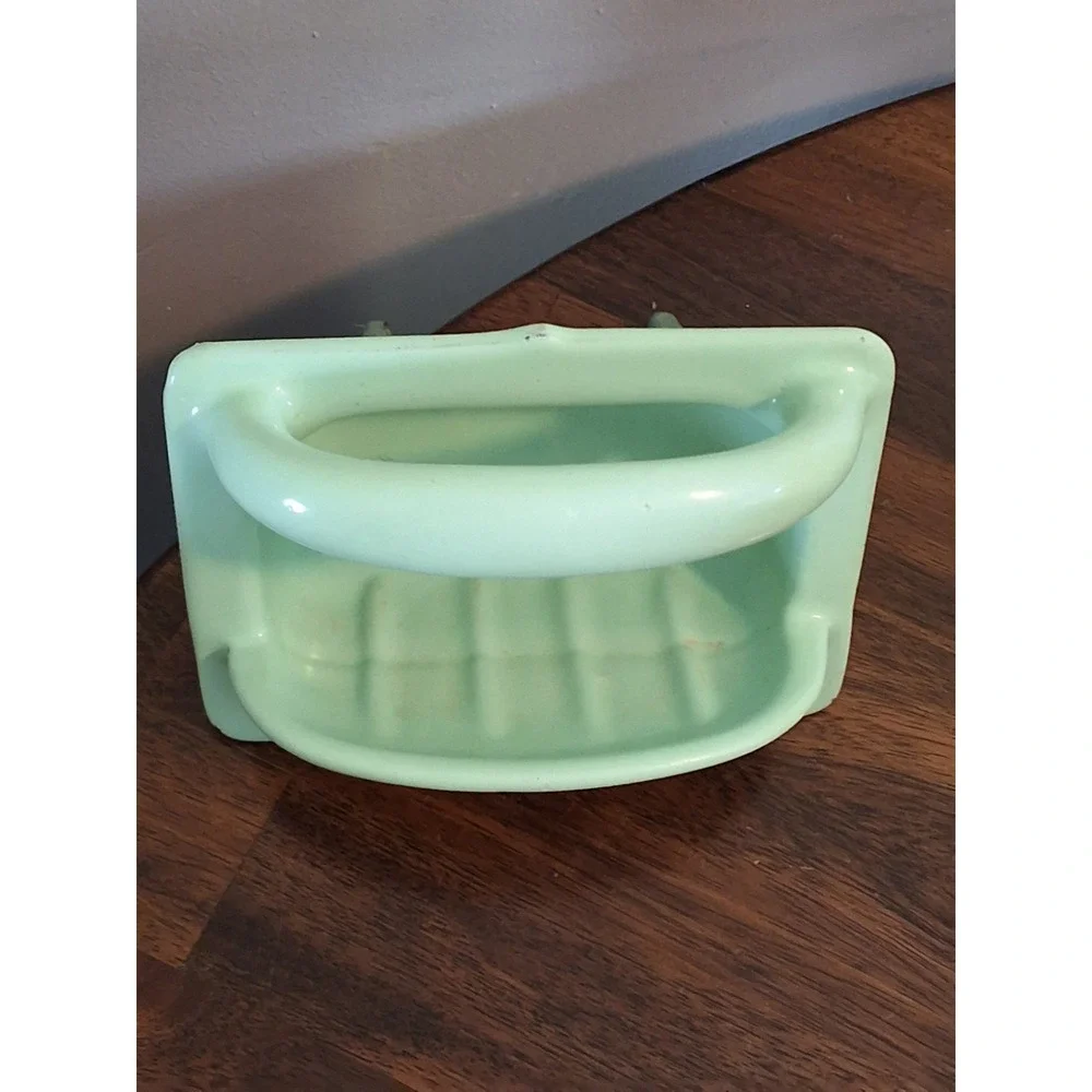 Vintage Enameled Cast Iron Wall Mount Soap Dish With Grab Bar. Heavy Duty!